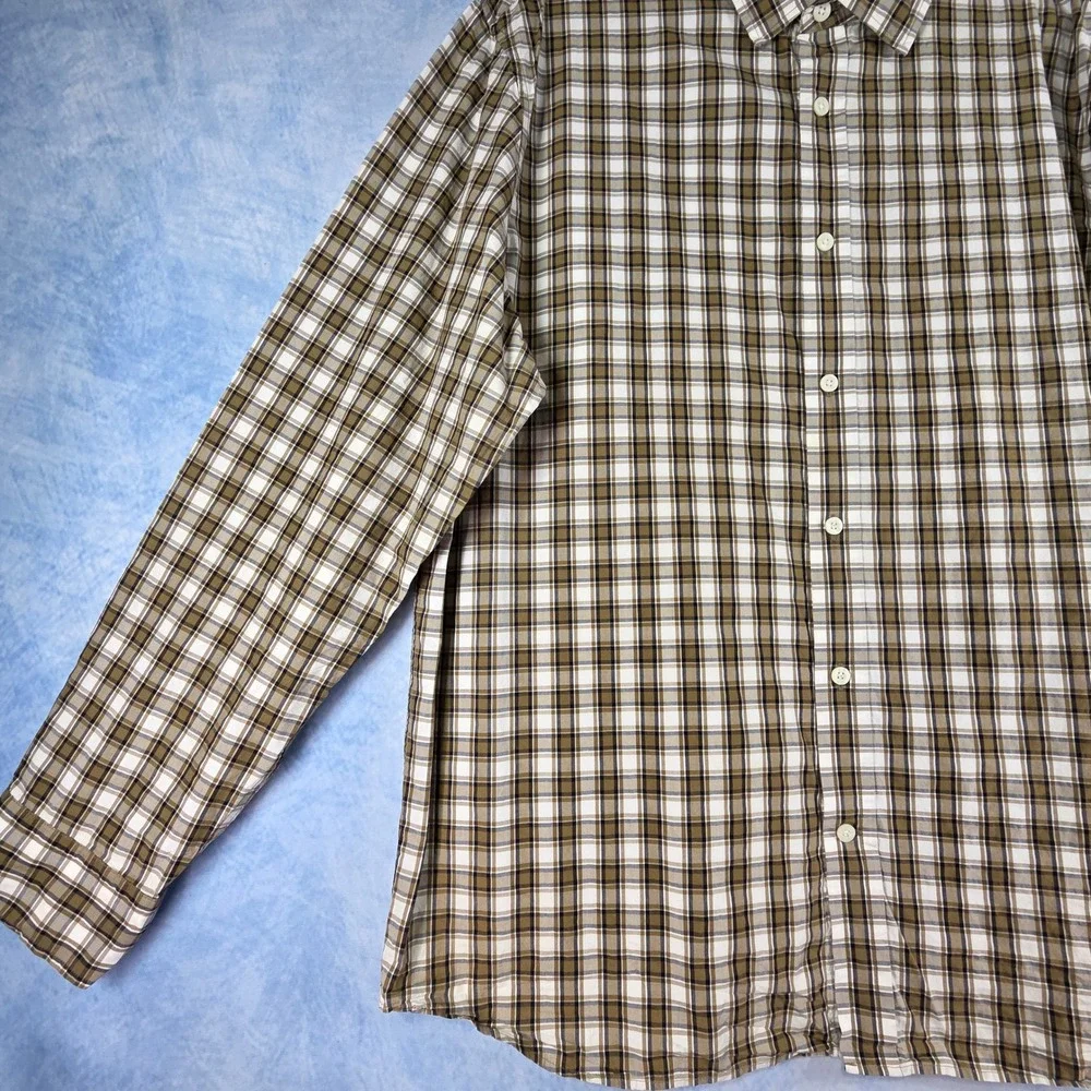Banana Republic Mens XL Untucked Standard Fit Plaid Button Down Shirt Brown Tan